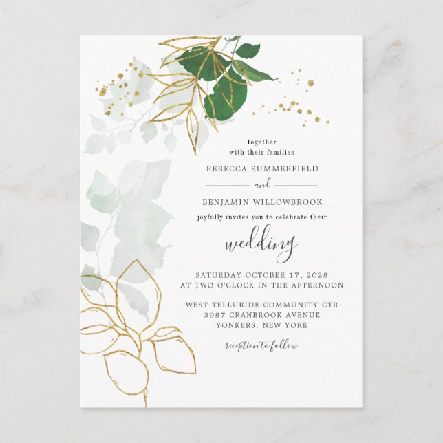 Elegant Gold Foliage Eucalyptus Greenery Wedding Invitation Postcard (Front)