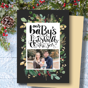 Elegant Gold Foliage Greenery Baby First Christmas Holiday Card
