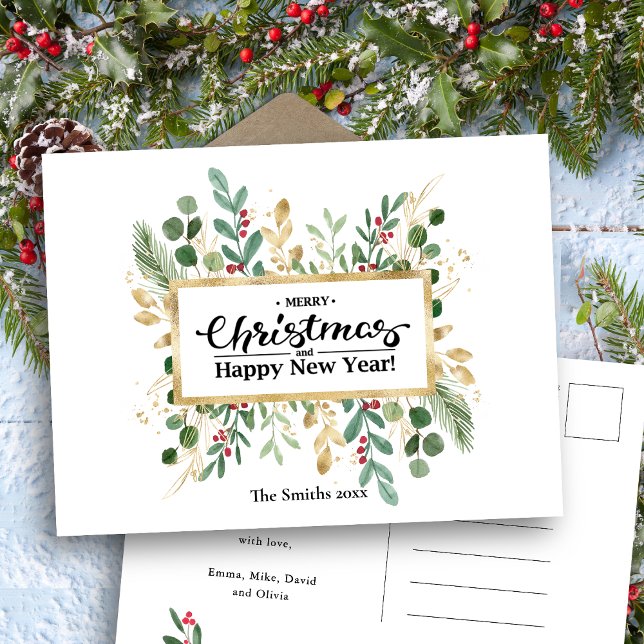 Elegant Gold Foliage Greenery Watercolor Floral Holiday Postcard (Creator Uploaded)