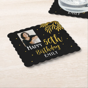 Elegant Gold Foliage Photo 50th Birthday Party Paper Coaster