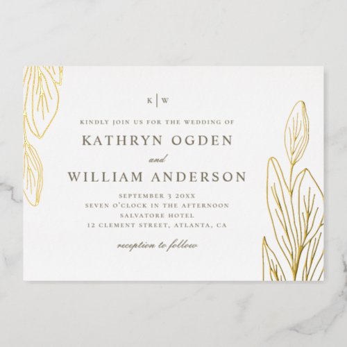Elegant gold foliage Simple botanical wedding Foil Invitation