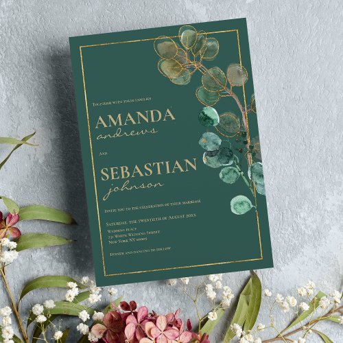 Elegant gold forest green leaves floral wedding  invitation