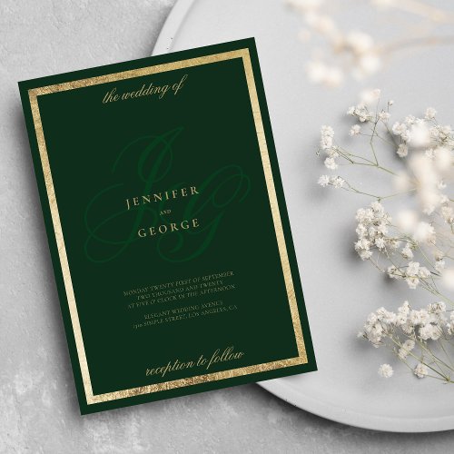 Elegant gold forest green monogram initals wedding invitation