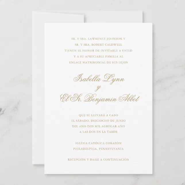 Elegant Gold Formal Spanish Wedding Invitation | Zazzle