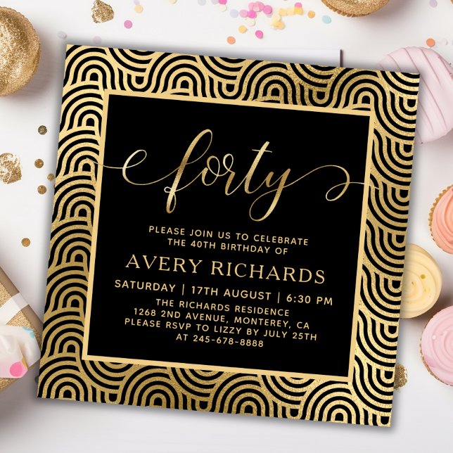 Elegant Gold Forty Script Black 40th Birthday Invitation (Creator Uploaded)