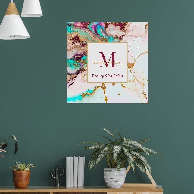 Elegant Gold Fox Marble Monogram Beauty Salon Poster (Living Room 1)