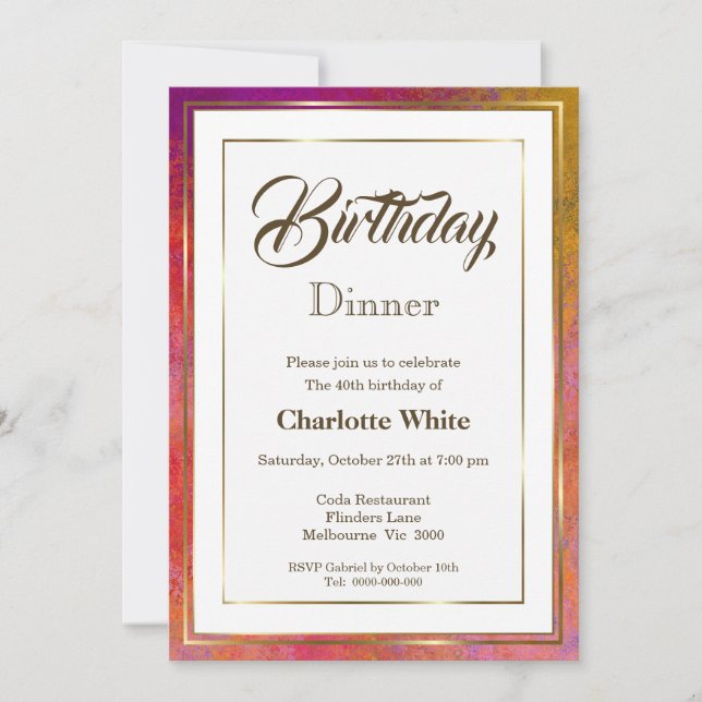 Elegant Gold Frame 40th Birthday Dinner Invitation (Front)