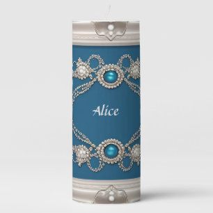 Elegant Gold Frame Adorned With Blue Gemstones Pillar Candle
