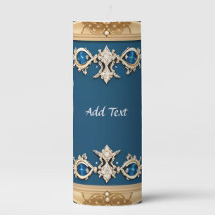 Elegant Gold Frame Adorned With Blue Gemstones Pillar Candle