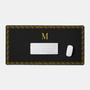 Elegant Gold Frame and Monogram on Black Desk Mat