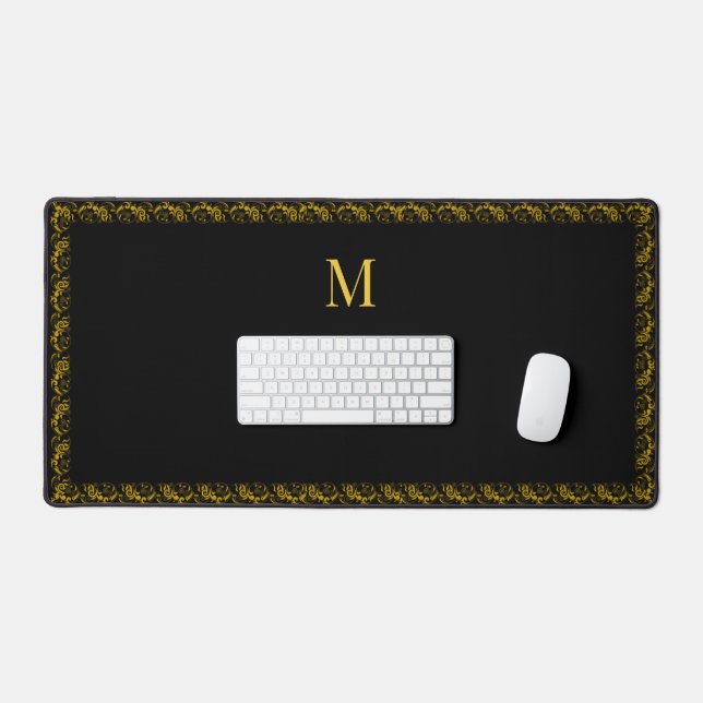 Elegant Gold Frame and Monogram on Black Desk Mat (Keyboard & Mouse)