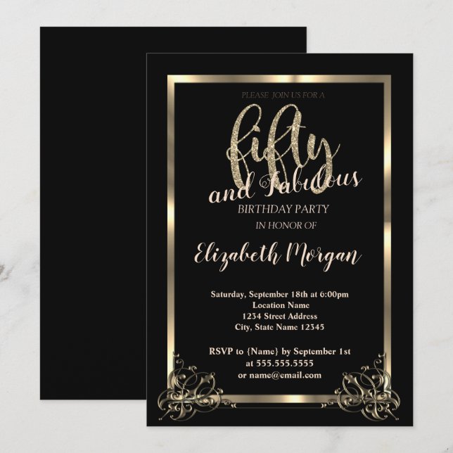 Elegant Gold Frame, Black 50th Birthday Party Invitation (Front/Back)