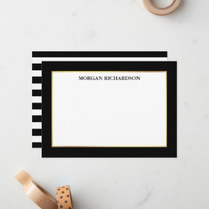 Elegant Gold Frame Black and White Stripes Note Card