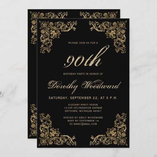 Elegant Gold Frame Black Birthday Party Invitation