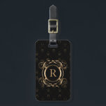 Elegant Gold Frame Black Damasks Luggage Tag<br><div class="desc">Elegant gold vintage swirly frame with customizable monogram.</div>