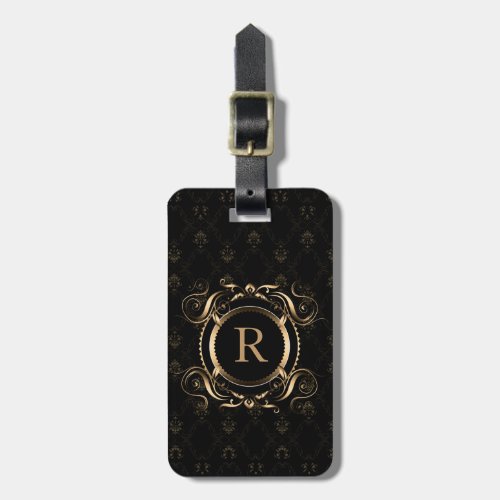 Elegant Gold Frame Black Damasks Luggage Tag