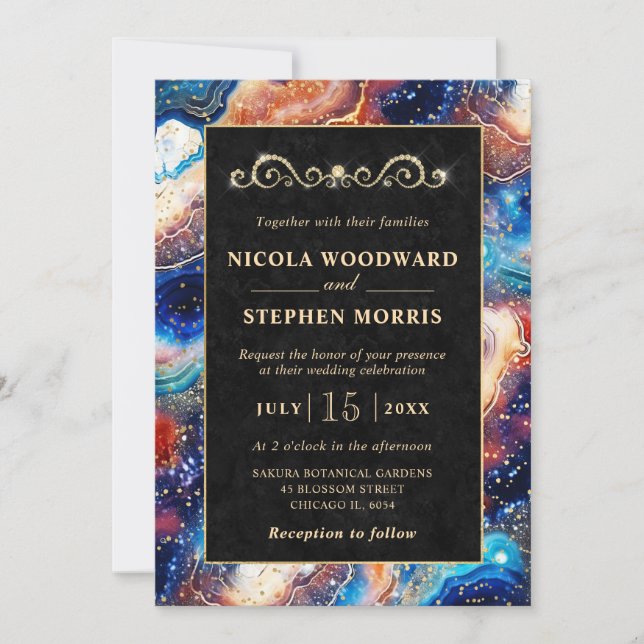 Elegant Gold Frame Blue Celestial Agate Wedding Invitation (Front)