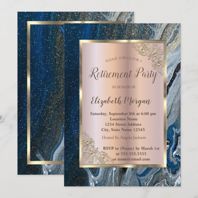 Elegant Gold Frame,Blue Marble Retirement Invitation (Front/Back)