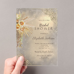 Elegant Gold Frame Boho Flowers Bridal Shower Acrylic Invitations