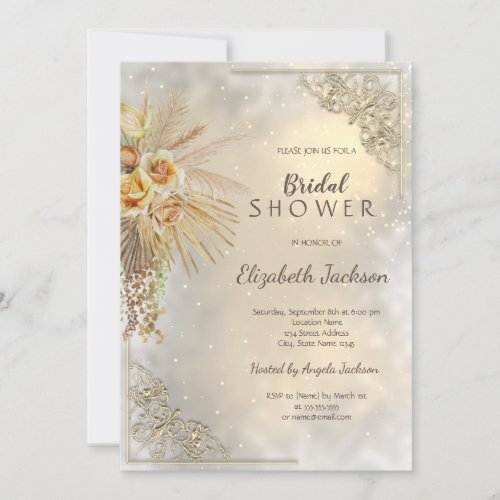 Elegant Gold Frame Boho Flowers Bridal Shower Invitation