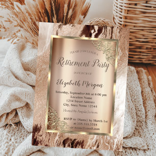 Elegant Gold Frame,Brown Marble Retirement Invitation