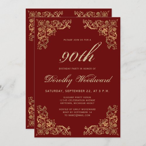 Elegant Gold Frame Burgundy Birthday Party Invitation
