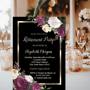 Elegant Gold Frame Burgundy Floral Retirement Invitation