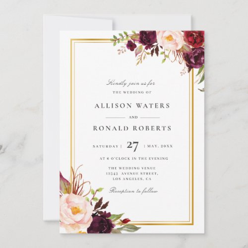 Elegant gold frame burgundy floral wedding invitation