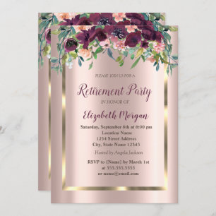 Elegant Gold Frame,Burgundy Flowers Retirement Invitation