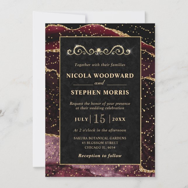 Elegant Gold Frame Burgundy Red Agate Wedding Invitation (Front)