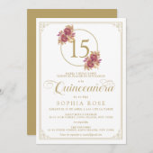 Elegant Gold Frame & Burgundy Rose Quinceanera Invitation (Front/Back)
