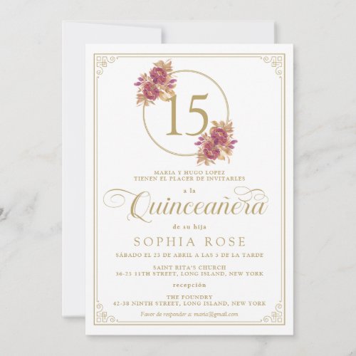 Elegant Gold Frame  Burgundy Rose Quinceanera Invitation