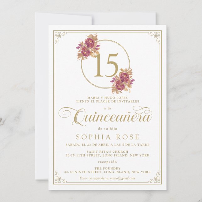 Elegant Gold Frame & Burgundy Rose Quinceanera Invitation (Front)