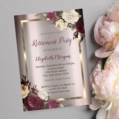 Elegant  Gold Frame Burgundy Roses Retirement Invitation