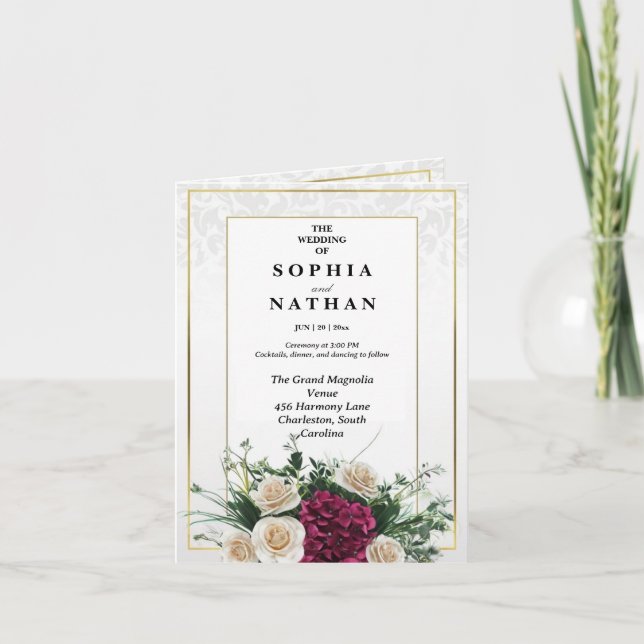Elegant Gold Frame Classic Floral Wedding Invitation (Front)