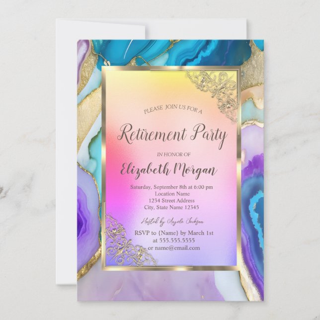 Elegant Gold Frame,Colorful Marble Retirement Invitation (Front)