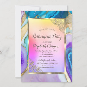 Elegant Gold Frame,Colorful Marble Retirement Invitation