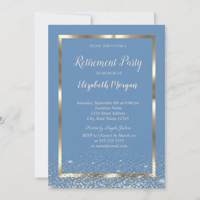 Elegant Gold Frame Confetti Light Blue Retirement Invitation (Front)