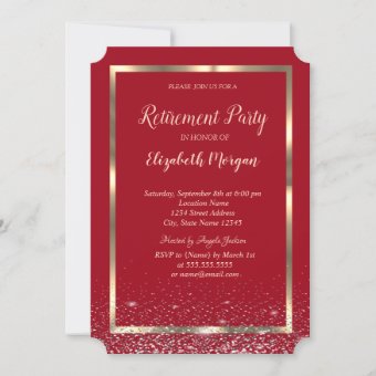 Elegant Gold Frame Confetti Red Retirement Invitation | Zazzle