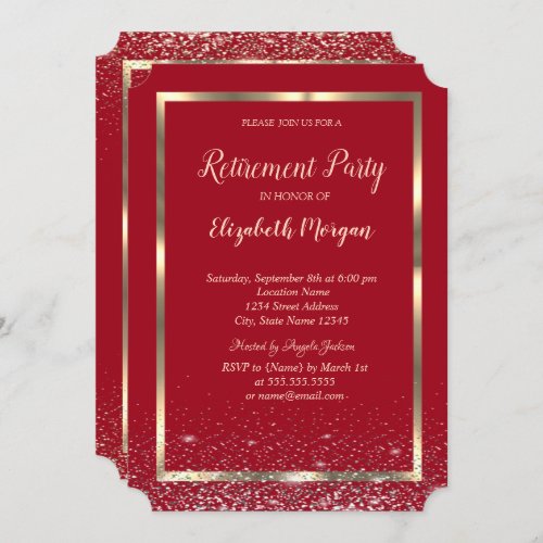 Elegant Gold Frame Confetti Red Retirement Invitation