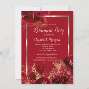 Elegant Gold Frame Confetti Red Roses Retirement Invitation