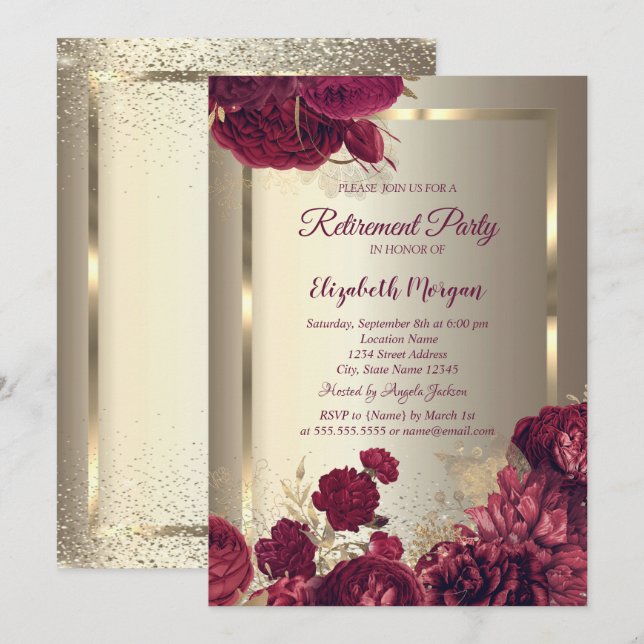 Elegant Gold Frame Confetti Roses Gold Retirement  Invitation (Front/Back)