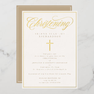 Elegant Gold Frame & Cross Calligraphy Christening Foil Invitation