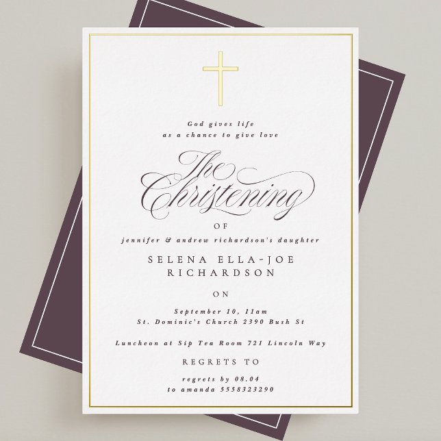 Elegant Gold Frame & Cross Calligraphy Christening Foil Invitation (Creator Uploaded)