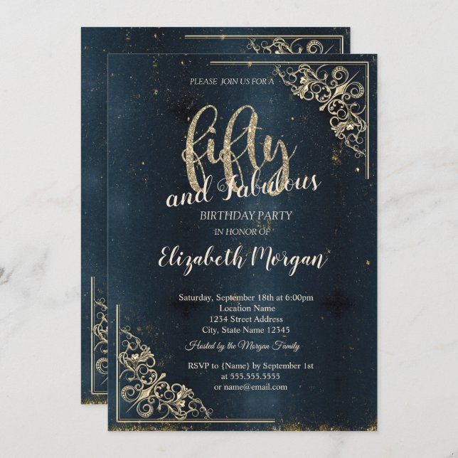 Elegant Gold Frame Dark Blue 50th Birthday  Invitation (Front/Back)