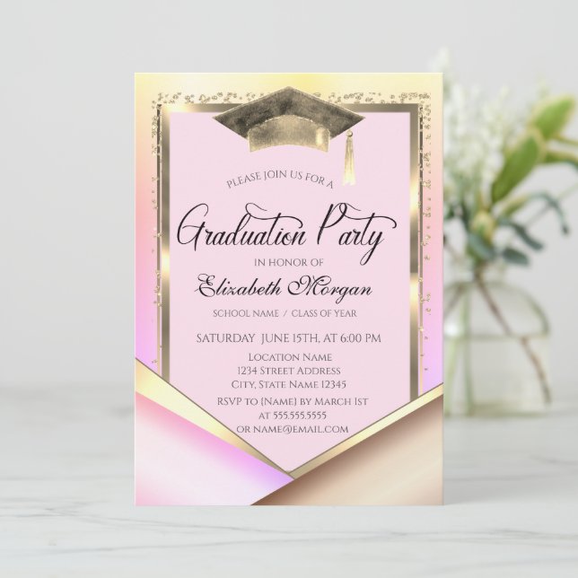 Elegant Gold Frame Diamonds Colorful Graduation Invitation (Standing Front)