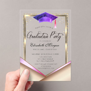 Elegant Gold Frame Diamonds Graduation Cap Acrylic Invitations