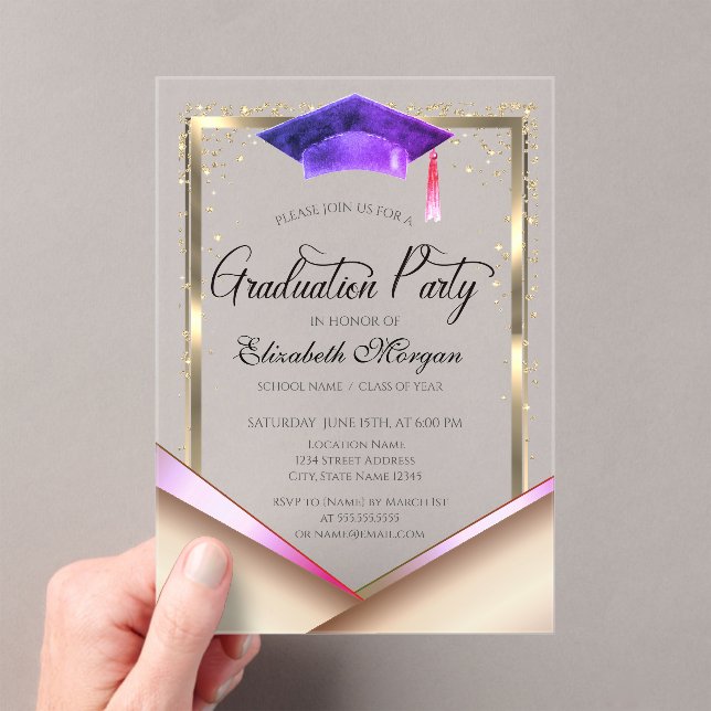 Elegant Gold Frame Diamonds Graduation Cap Acrylic Invitations (Insitu (Handheld))