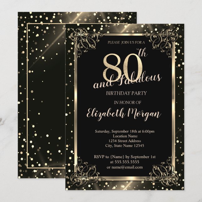 Elegant Gold Frame, Dots 80th Birthday Party  Invitation (Front/Back)