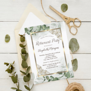 Elegant Gold Frame,Eucalyptus Greenery Retirement Invitation